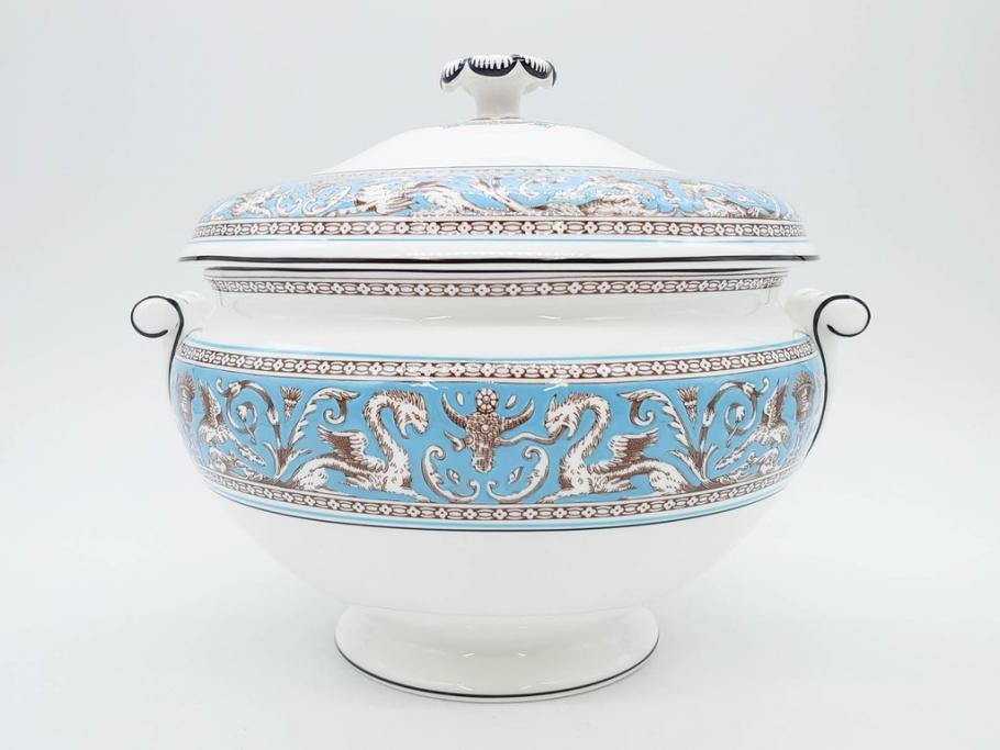 イギリス　WEDGWOOD(ウェッジウッド)　FLORENTINE TURQUOISE(フロレンティーン ターコイズ)　クラシックなデザインの気品あふれるチュリーン(グロテスク文様、フルーツ、果物、チューリン、スープボウル、ふかひれ皿、ポット、蓋付き、洋食器、英国)(R-079013)