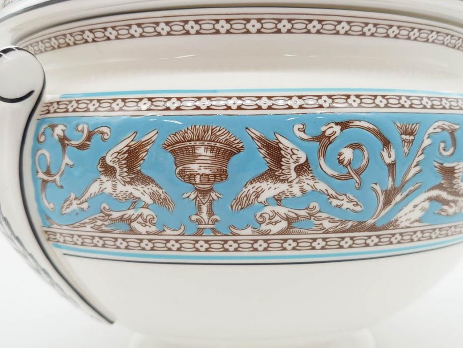 イギリス　WEDGWOOD(ウェッジウッド)　FLORENTINE TURQUOISE(フロレンティーン ターコイズ)　クラシックなデザインの気品あふれるチュリーン(グロテスク文様、フルーツ、果物、チューリン、スープボウル、ふかひれ皿、ポット、蓋付き、洋食器、英国)(R-079013)