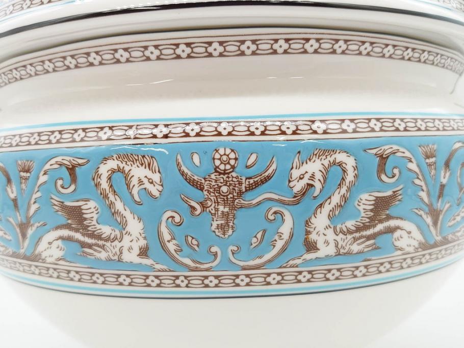 イギリス　WEDGWOOD(ウェッジウッド)　FLORENTINE TURQUOISE(フロレンティーン ターコイズ)　クラシックなデザインの気品あふれるチュリーン(グロテスク文様、フルーツ、果物、チューリン、スープボウル、ふかひれ皿、ポット、蓋付き、洋食器、英国)(R-079013)