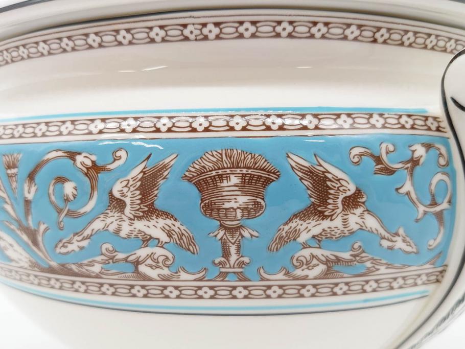 イギリス　WEDGWOOD(ウェッジウッド)　FLORENTINE TURQUOISE(フロレンティーン ターコイズ)　クラシックなデザインの気品あふれるチュリーン(グロテスク文様、フルーツ、果物、チューリン、スープボウル、ふかひれ皿、ポット、蓋付き、洋食器、英国)(R-079013)