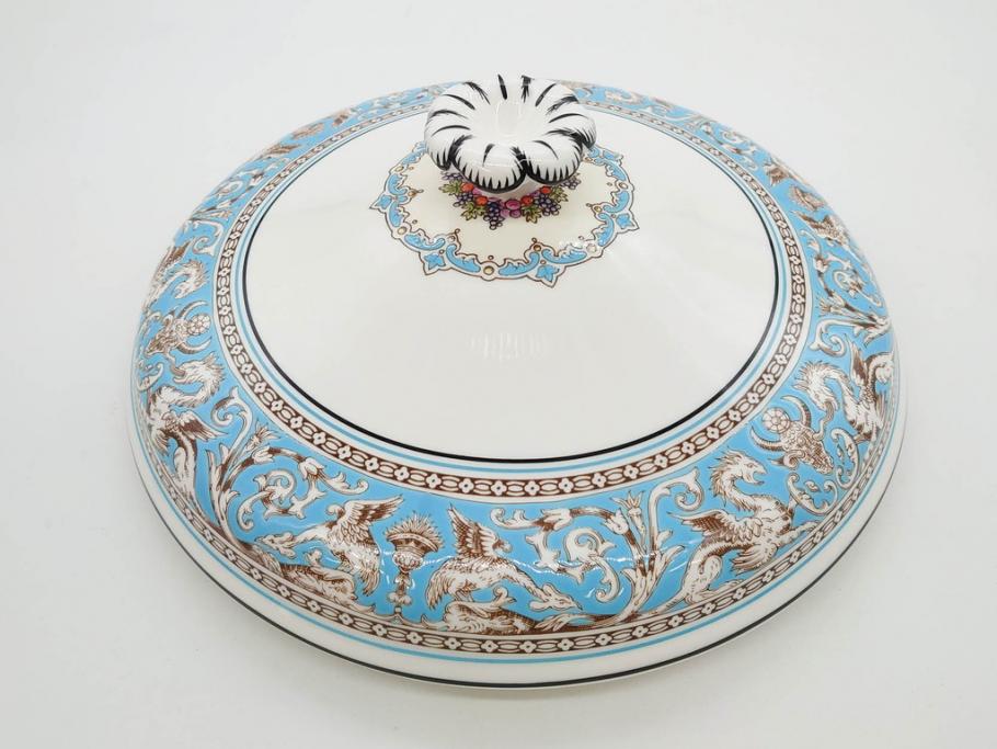 イギリス　WEDGWOOD(ウェッジウッド)　FLORENTINE TURQUOISE(フロレンティーン ターコイズ)　クラシックなデザインの気品あふれるチュリーン(グロテスク文様、フルーツ、果物、チューリン、スープボウル、ふかひれ皿、ポット、蓋付き、洋食器、英国)(R-079013)
