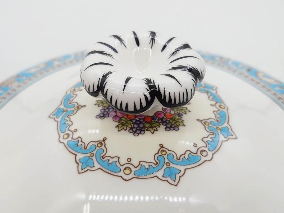 イギリス　WEDGWOOD(ウェッジウッド)　FLORENTINE TURQUOISE(フロレンティーン ターコイズ)　クラシックなデザインの気品あふれるチュリーン(グロテスク文様、フルーツ、果物、チューリン、スープボウル、ふかひれ皿、ポット、蓋付き、洋食器、英国)(R-079013)
