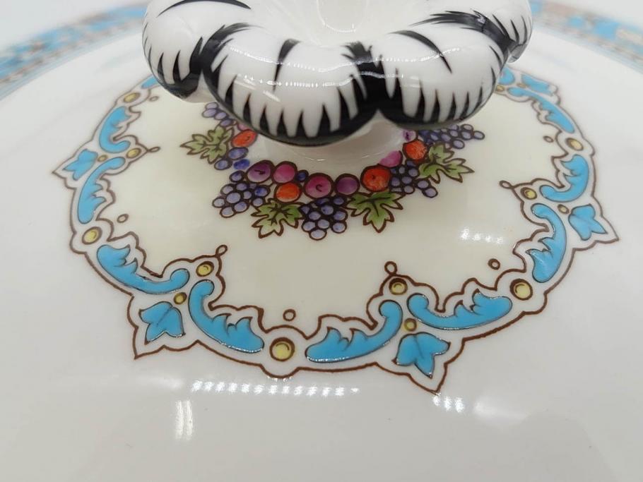 イギリス　WEDGWOOD(ウェッジウッド)　FLORENTINE TURQUOISE(フロレンティーン ターコイズ)　クラシックなデザインの気品あふれるチュリーン(グロテスク文様、フルーツ、果物、チューリン、スープボウル、ふかひれ皿、ポット、蓋付き、洋食器、英国)(R-079013)