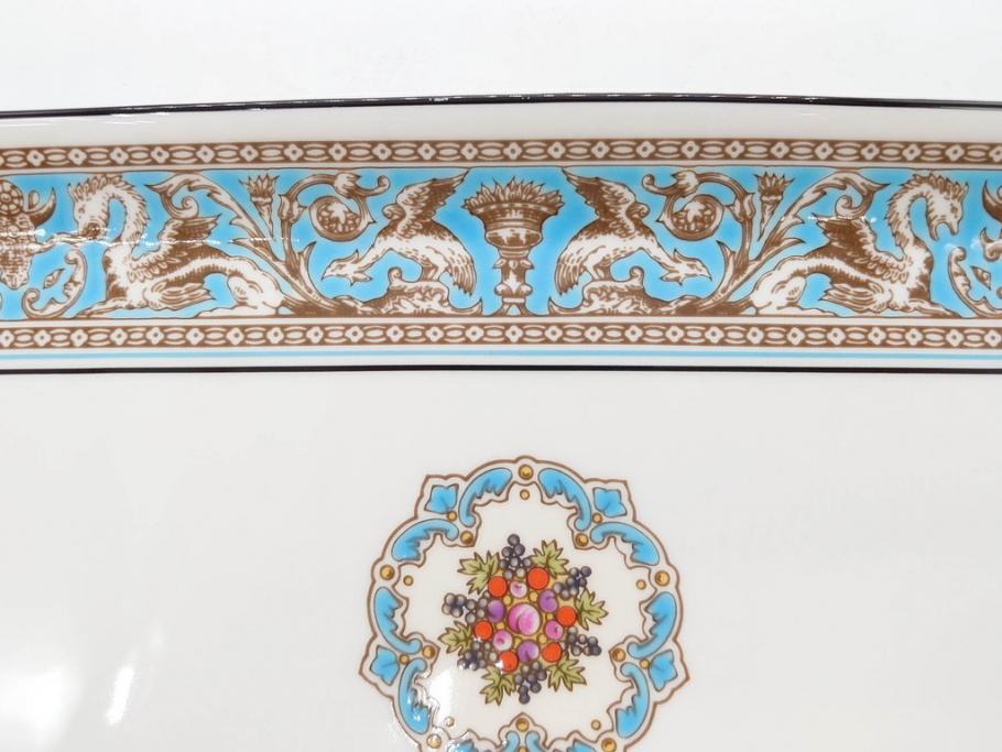 イギリス　WEDGWOOD(ウェッジウッド)　FLORENTINE TURQUOISE(フロレンティーン ターコイズ)　重厚感のあるデザインが魅力のオーバルプレート・サンドイッチトレー2枚セット(グロテスク文様、フルーツ、果物、お盆、トレイ、皿、スクエアプレート、洋食器、英国)(R-079014)