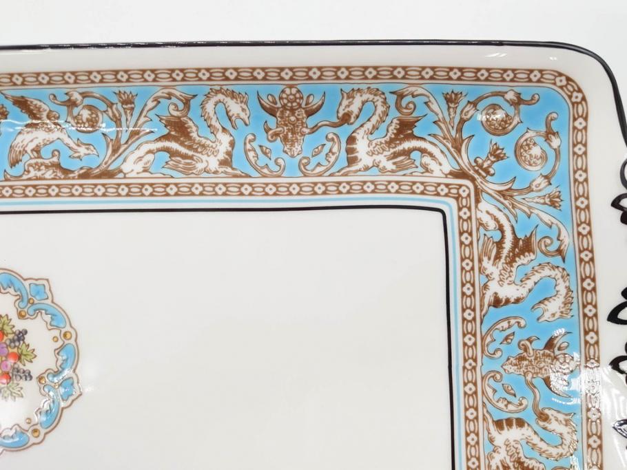 イギリス　WEDGWOOD(ウェッジウッド)　FLORENTINE TURQUOISE(フロレンティーン ターコイズ)　重厚感のあるデザインが魅力のオーバルプレート・サンドイッチトレー2枚セット(グロテスク文様、フルーツ、果物、お盆、トレイ、皿、スクエアプレート、洋食器、英国)(R-079014)