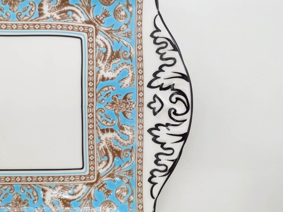 イギリス　WEDGWOOD(ウェッジウッド)　FLORENTINE TURQUOISE(フロレンティーン ターコイズ)　重厚感のあるデザインが魅力のオーバルプレート・サンドイッチトレー2枚セット(グロテスク文様、フルーツ、果物、お盆、トレイ、皿、スクエアプレート、洋食器、英国)(R-079014)