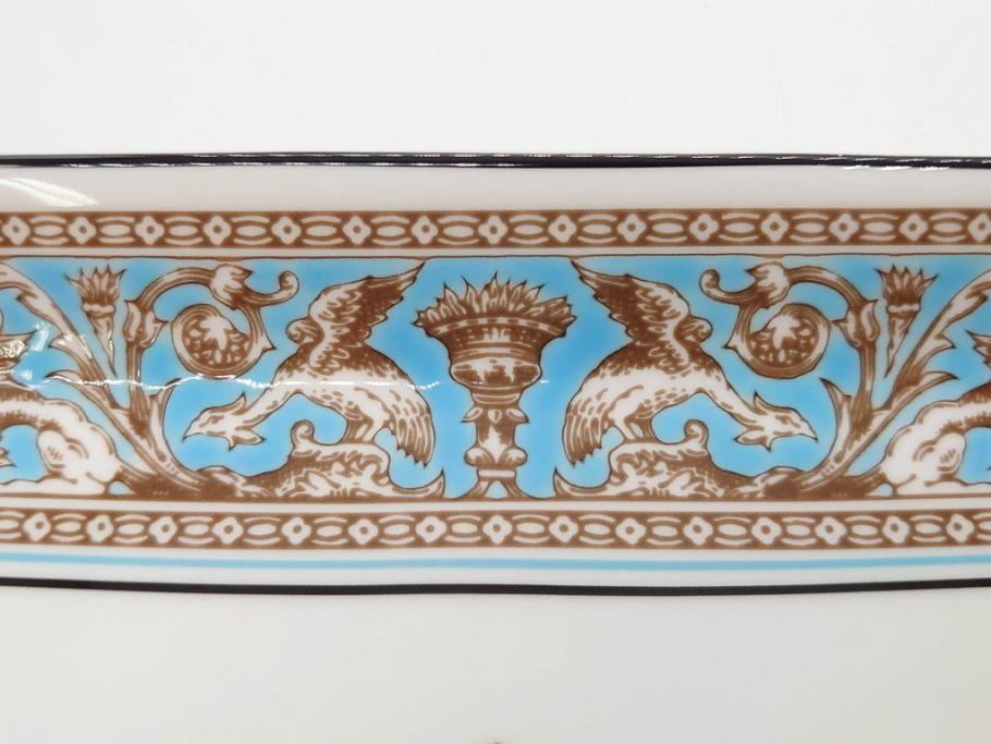 イギリス　WEDGWOOD(ウェッジウッド)　FLORENTINE TURQUOISE(フロレンティーン ターコイズ)　重厚感のあるデザインが魅力のオーバルプレート・サンドイッチトレー2枚セット(グロテスク文様、フルーツ、果物、お盆、トレイ、皿、スクエアプレート、洋食器、英国)(R-079014)