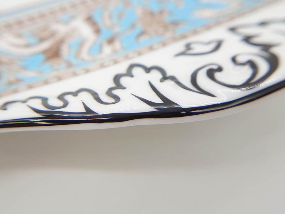 イギリス　WEDGWOOD(ウェッジウッド)　FLORENTINE TURQUOISE(フロレンティーン ターコイズ)　重厚感のあるデザインが魅力のオーバルプレート・サンドイッチトレー2枚セット(グロテスク文様、フルーツ、果物、お盆、トレイ、皿、スクエアプレート、洋食器、英国)(R-079014)