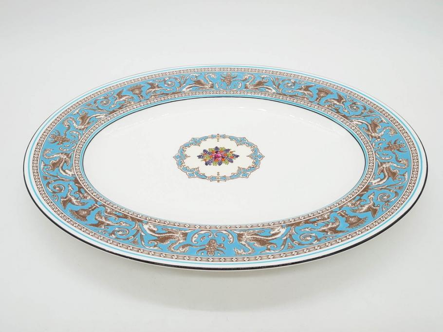 イギリス　WEDGWOOD(ウェッジウッド)　FLORENTINE TURQUOISE(フロレンティーン ターコイズ)　重厚感のあるデザインが魅力のオーバルプレート・サンドイッチトレー2枚セット(グロテスク文様、フルーツ、果物、お盆、トレイ、皿、スクエアプレート、洋食器、英国)(R-079014)