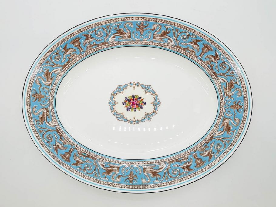 イギリス　WEDGWOOD(ウェッジウッド)　FLORENTINE TURQUOISE(フロレンティーン ターコイズ)　重厚感のあるデザインが魅力のオーバルプレート・サンドイッチトレー2枚セット(グロテスク文様、フルーツ、果物、お盆、トレイ、皿、スクエアプレート、洋食器、英国)(R-079014)