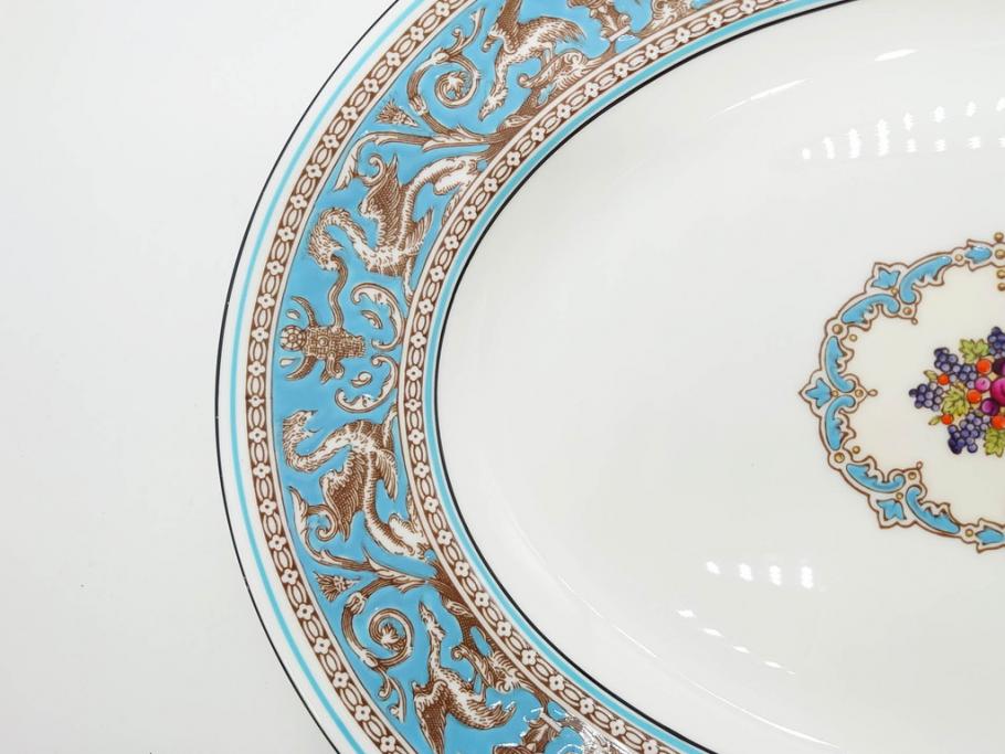 イギリス　WEDGWOOD(ウェッジウッド)　FLORENTINE TURQUOISE(フロレンティーン ターコイズ)　重厚感のあるデザインが魅力のオーバルプレート・サンドイッチトレー2枚セット(グロテスク文様、フルーツ、果物、お盆、トレイ、皿、スクエアプレート、洋食器、英国)(R-079014)
