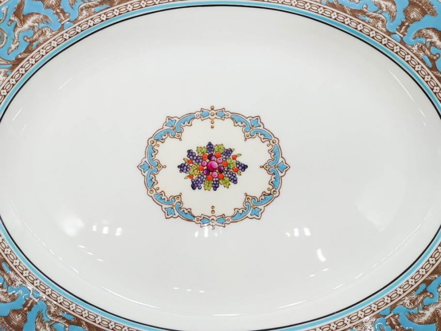 イギリス　WEDGWOOD(ウェッジウッド)　FLORENTINE TURQUOISE(フロレンティーン ターコイズ)　重厚感のあるデザインが魅力のオーバルプレート・サンドイッチトレー2枚セット(グロテスク文様、フルーツ、果物、お盆、トレイ、皿、スクエアプレート、洋食器、英国)(R-079014)