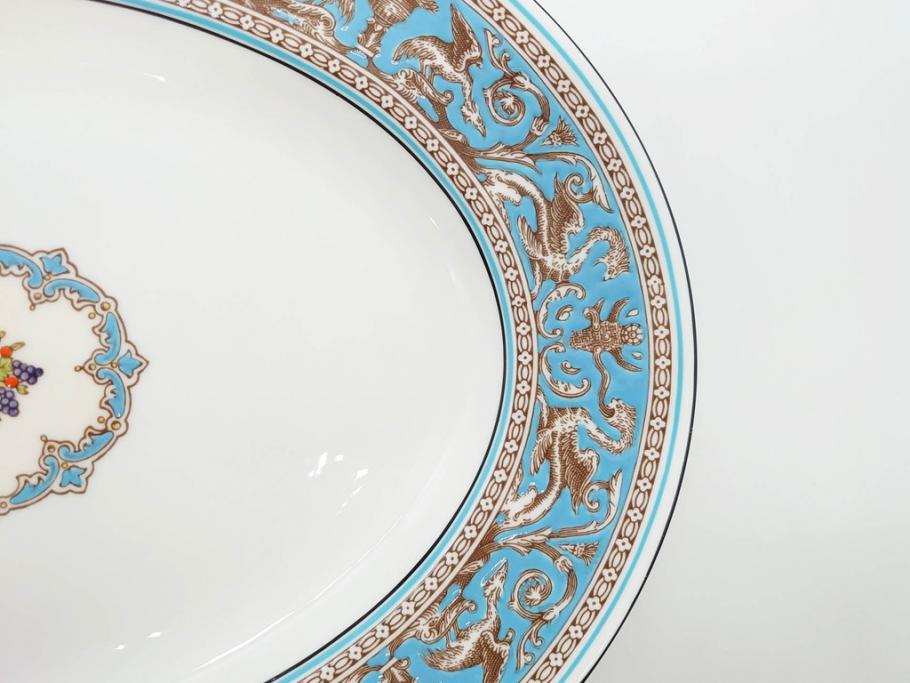 イギリス　WEDGWOOD(ウェッジウッド)　FLORENTINE TURQUOISE(フロレンティーン ターコイズ)　重厚感のあるデザインが魅力のオーバルプレート・サンドイッチトレー2枚セット(グロテスク文様、フルーツ、果物、お盆、トレイ、皿、スクエアプレート、洋食器、英国)(R-079014)