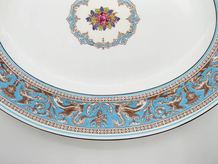 イギリス　WEDGWOOD(ウェッジウッド)　FLORENTINE TURQUOISE(フロレンティーン ターコイズ)　重厚感のあるデザインが魅力のオーバルプレート・サンドイッチトレー2枚セット(グロテスク文様、フルーツ、果物、お盆、トレイ、皿、スクエアプレート、洋食器、英国)(R-079014)