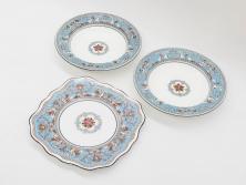 イギリス　WEDGWOOD(ウェッジウッド)　FLORENTINE TURQUOISE(フロレンティーン ターコイズ)　フォーマルで食卓が華やぐスーププレート2枚&スクエアプレート1枚セット(グロテスク文様、フルーツ、果物、スープ皿、変形皿、洋食器、英国)(R-079015)
