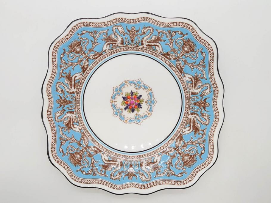 イギリス　WEDGWOOD(ウェッジウッド)　FLORENTINE TURQUOISE(フロレンティーン ターコイズ)　フォーマルで食卓が華やぐスーププレート2枚&スクエアプレート1枚セット(グロテスク文様、フルーツ、果物、スープ皿、変形皿、洋食器、英国)(R-079015)
