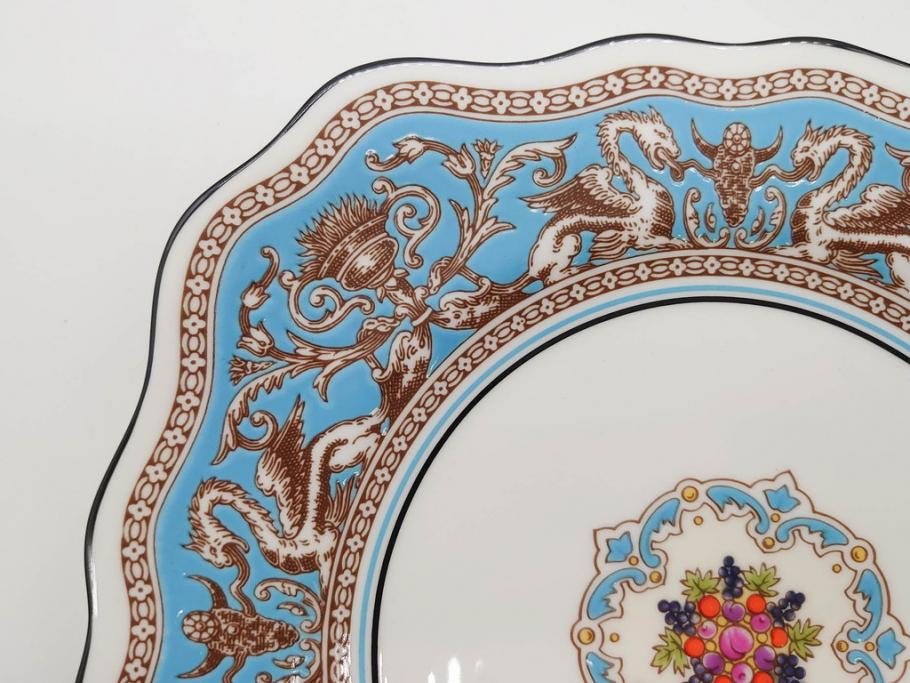 イギリス　WEDGWOOD(ウェッジウッド)　FLORENTINE TURQUOISE(フロレンティーン ターコイズ)　フォーマルで食卓が華やぐスーププレート2枚&スクエアプレート1枚セット(グロテスク文様、フルーツ、果物、スープ皿、変形皿、洋食器、英国)(R-079015)
