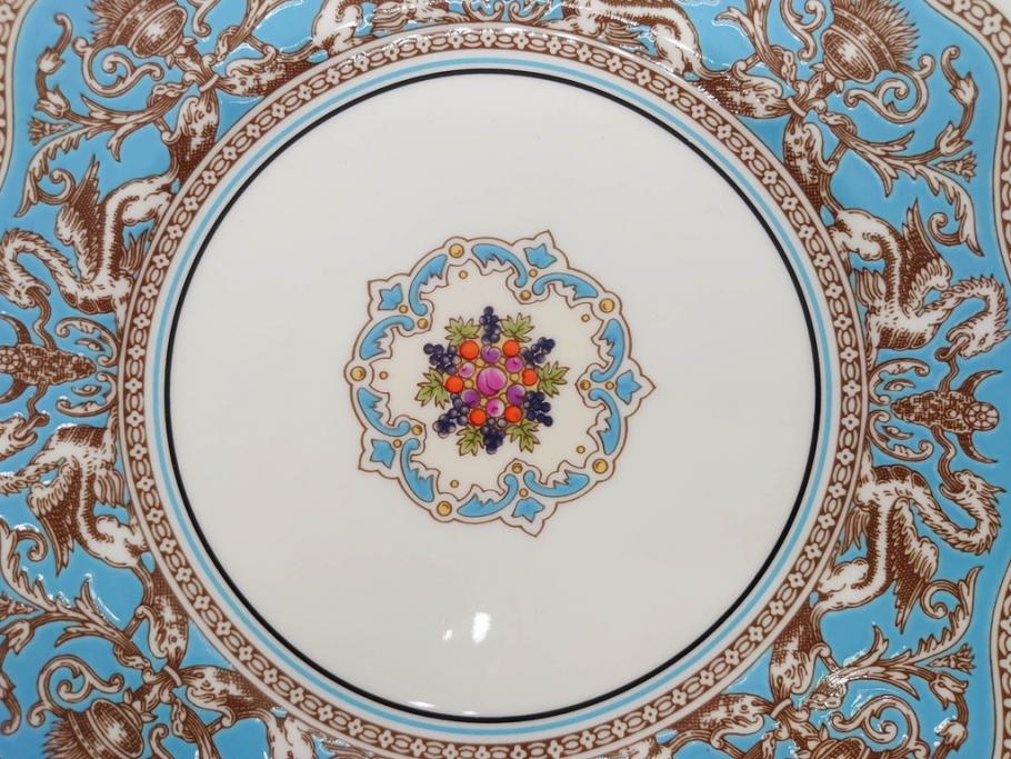 イギリス　WEDGWOOD(ウェッジウッド)　FLORENTINE TURQUOISE(フロレンティーン ターコイズ)　フォーマルで食卓が華やぐスーププレート2枚&スクエアプレート1枚セット(グロテスク文様、フルーツ、果物、スープ皿、変形皿、洋食器、英国)(R-079015)