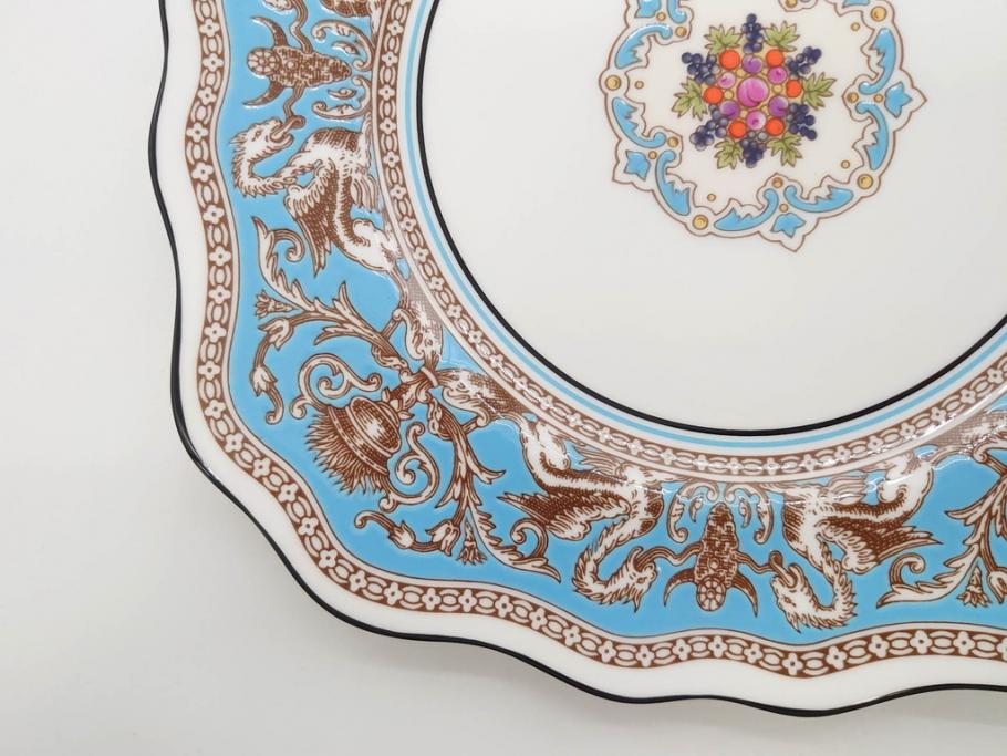 イギリス　WEDGWOOD(ウェッジウッド)　FLORENTINE TURQUOISE(フロレンティーン ターコイズ)　フォーマルで食卓が華やぐスーププレート2枚&スクエアプレート1枚セット(グロテスク文様、フルーツ、果物、スープ皿、変形皿、洋食器、英国)(R-079015)