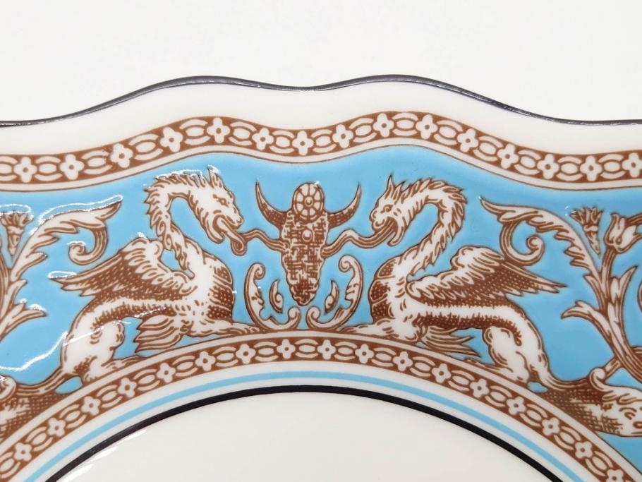 イギリス　WEDGWOOD(ウェッジウッド)　FLORENTINE TURQUOISE(フロレンティーン ターコイズ)　フォーマルで食卓が華やぐスーププレート2枚&スクエアプレート1枚セット(グロテスク文様、フルーツ、果物、スープ皿、変形皿、洋食器、英国)(R-079015)