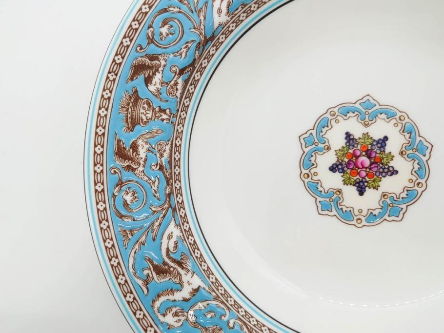 イギリス　WEDGWOOD(ウェッジウッド)　FLORENTINE TURQUOISE(フロレンティーン ターコイズ)　フォーマルで食卓が華やぐスーププレート2枚&スクエアプレート1枚セット(グロテスク文様、フルーツ、果物、スープ皿、変形皿、洋食器、英国)(R-079015)