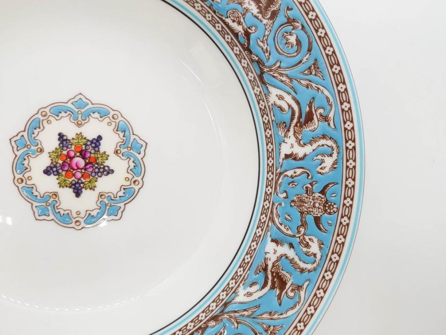 イギリス　WEDGWOOD(ウェッジウッド)　FLORENTINE TURQUOISE(フロレンティーン ターコイズ)　フォーマルで食卓が華やぐスーププレート2枚&スクエアプレート1枚セット(グロテスク文様、フルーツ、果物、スープ皿、変形皿、洋食器、英国)(R-079015)