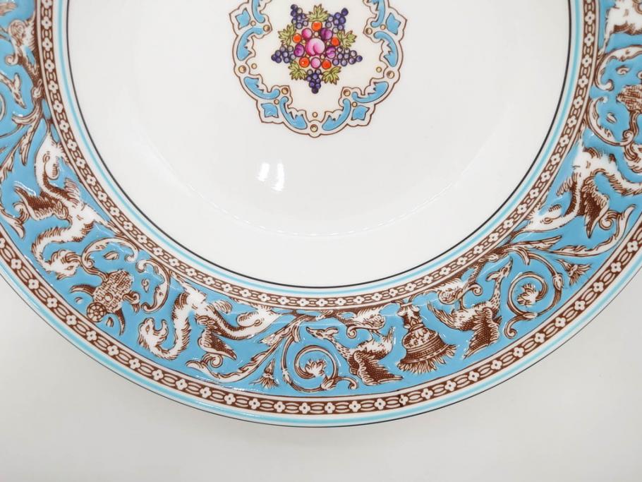 イギリス　WEDGWOOD(ウェッジウッド)　FLORENTINE TURQUOISE(フロレンティーン ターコイズ)　フォーマルで食卓が華やぐスーププレート2枚&スクエアプレート1枚セット(グロテスク文様、フルーツ、果物、スープ皿、変形皿、洋食器、英国)(R-079015)