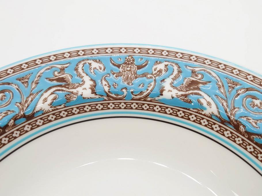 イギリス　WEDGWOOD(ウェッジウッド)　FLORENTINE TURQUOISE(フロレンティーン ターコイズ)　フォーマルで食卓が華やぐスーププレート2枚&スクエアプレート1枚セット(グロテスク文様、フルーツ、果物、スープ皿、変形皿、洋食器、英国)(R-079015)