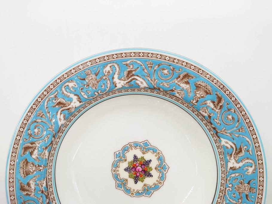 イギリス　WEDGWOOD(ウェッジウッド)　FLORENTINE TURQUOISE(フロレンティーン ターコイズ)　フォーマルで食卓が華やぐスーププレート2枚&スクエアプレート1枚セット(グロテスク文様、フルーツ、果物、スープ皿、変形皿、洋食器、英国)(R-079015)