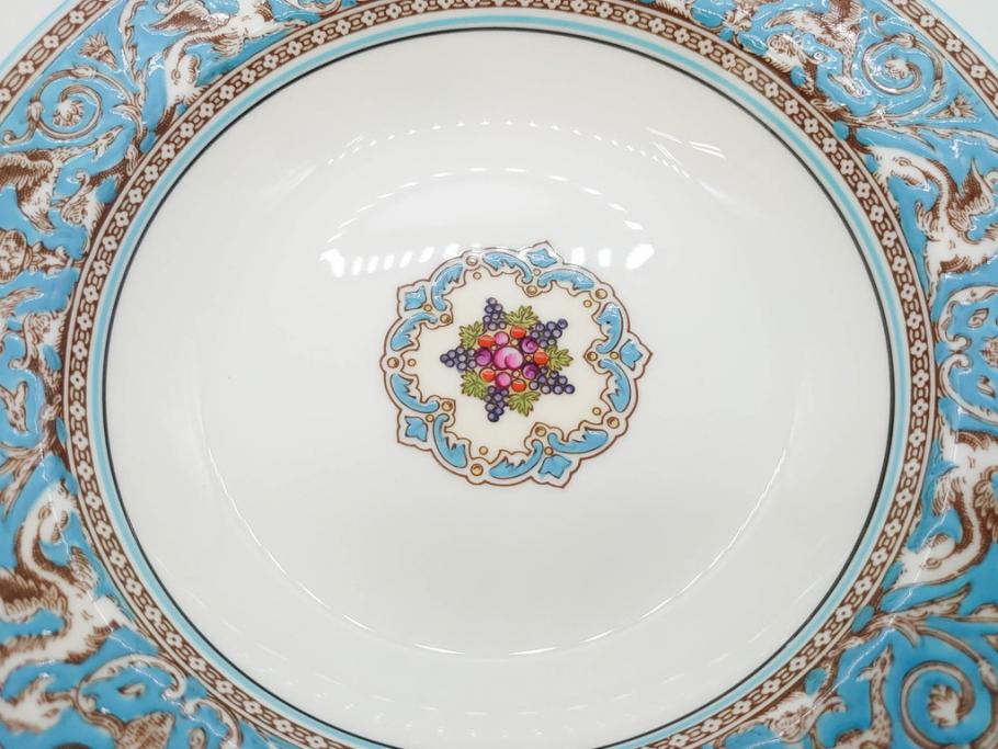イギリス　WEDGWOOD(ウェッジウッド)　FLORENTINE TURQUOISE(フロレンティーン ターコイズ)　フォーマルで食卓が華やぐスーププレート2枚&スクエアプレート1枚セット(グロテスク文様、フルーツ、果物、スープ皿、変形皿、洋食器、英国)(R-079015)