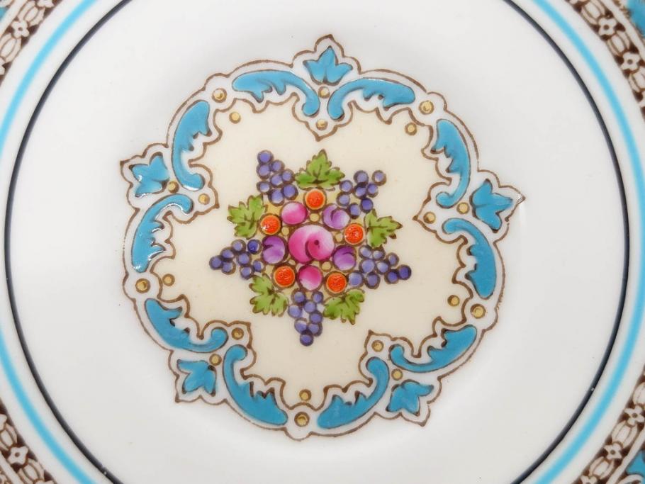 イギリス　WEDGWOOD(ウェッジウッド)　FLORENTINE TURQUOISE(フロレンティーン ターコイズ)　優雅な一時を過ごせるトリオセット2客&カップ&ソーサー1客セット(グロテスク文様、フルーツ、果物、C&S、プレート、皿、洋食器、英国)(R-079016)