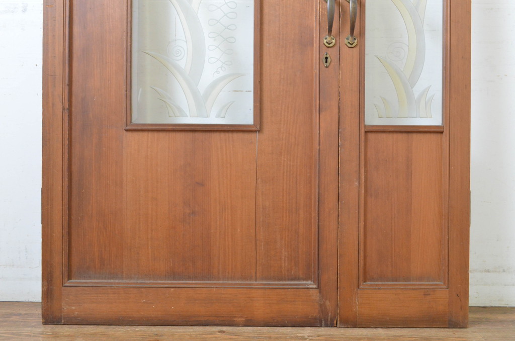 アンティーク建具　大正ロマン　エッチングガラスがおしゃれな古い洋館の親子ドア1対(彫刻ガラス、木製扉、ガラス扉)(R-064068)