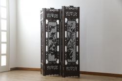 アジアンビンテージ　美品　花梨(カリン)材　迫力ある彫刻のデザインが目を惹く四連衝立て(パーテーション、衝い立て、つい立て、仕切り、ヴィンテージ)(定価約48万円)(R-074196)