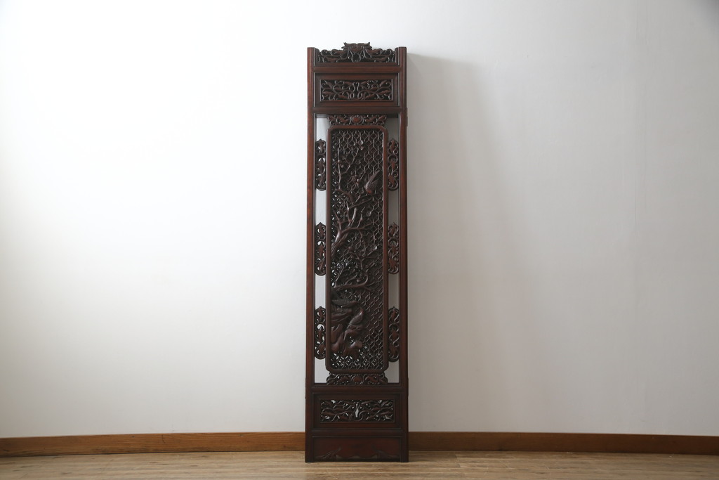 アジアンビンテージ　美品　花梨(カリン)材　迫力ある彫刻のデザインが目を惹く四連衝立て(パーテーション、衝い立て、つい立て、仕切り、ヴィンテージ)(定価約48万円)(R-074196)