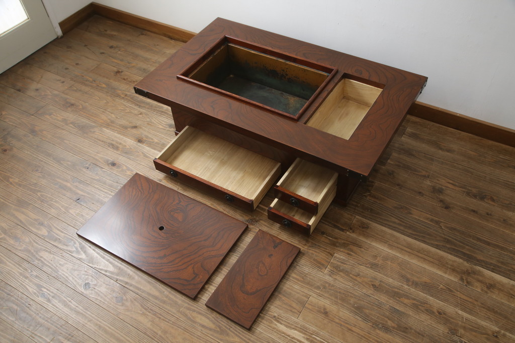 中古　岩谷堂箪笥　56　美しい欅の杢目が迫力のある長火鉢(定価約45万円)(木製火鉢、ローテーブル、座卓)(R-058700)