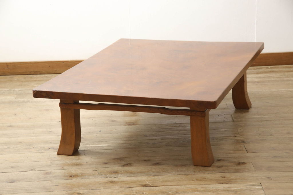 和製ビンテージ　天板玉杢　総ケヤキ材　木の風合いを存分に楽しめる一枚板座卓(ローテーブル、ヴィンテージ)(R-055031)