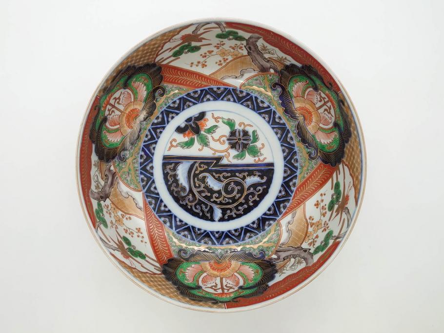 明治期　成化年製　伊万里　色絵　約31cm　1尺　色彩が鮮やかで豪華な深鉢(松、梅、鶴、ツル、菊、花、深皿、金彩、和食器、和皿、一尺)(R-079065)