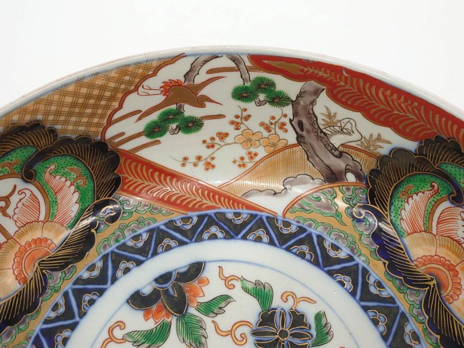 明治期　成化年製　伊万里　色絵　約31cm　1尺　色彩が鮮やかで豪華な深鉢(松、梅、鶴、ツル、菊、花、深皿、金彩、和食器、和皿、一尺)(R-079065)