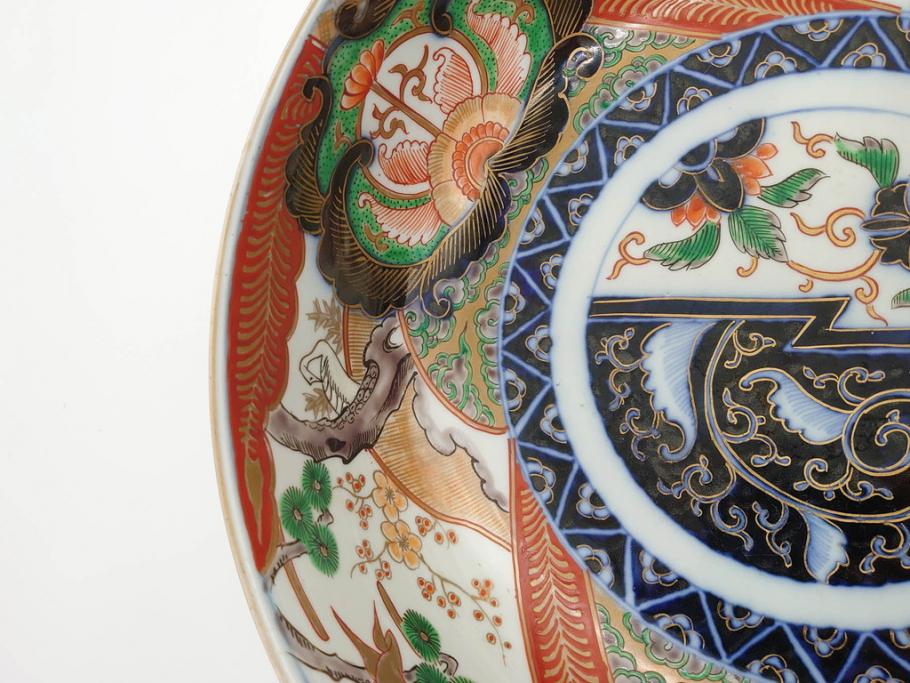 明治期　成化年製　伊万里　色絵　約31cm　1尺　色彩が鮮やかで豪華な深鉢(松、梅、鶴、ツル、菊、花、深皿、金彩、和食器、和皿、一尺)(R-079065)