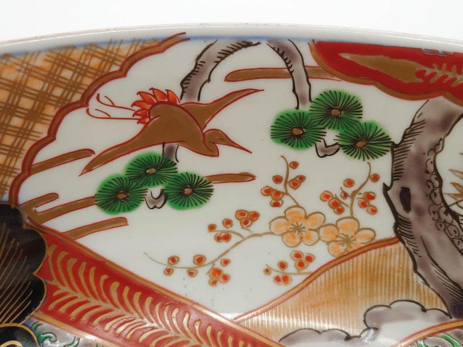 明治期　成化年製　伊万里　色絵　約31cm　1尺　色彩が鮮やかで豪華な深鉢(松、梅、鶴、ツル、菊、花、深皿、金彩、和食器、和皿、一尺)(R-079065)