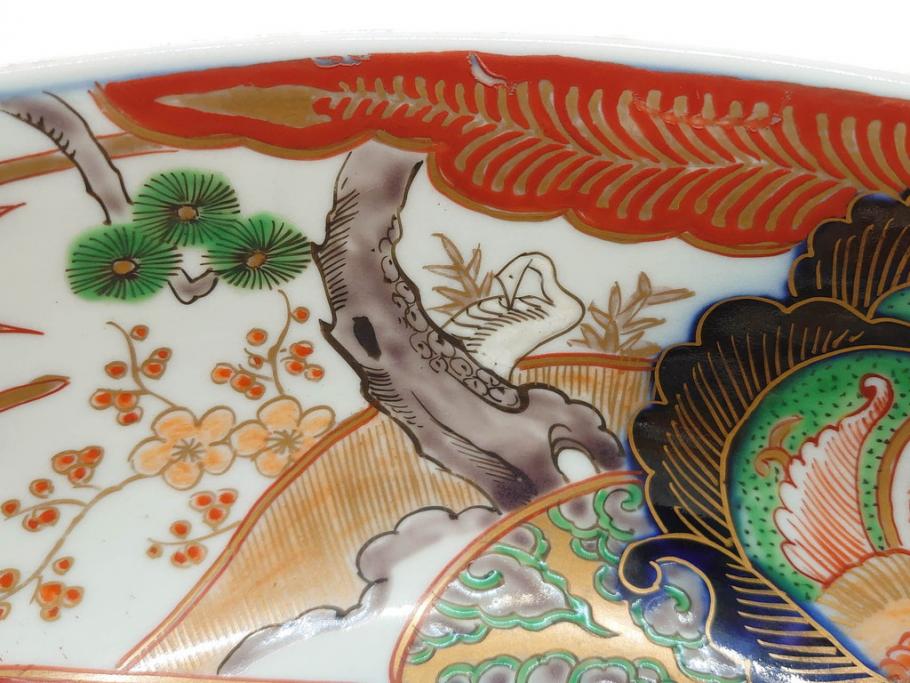 明治期　成化年製　伊万里　色絵　約31cm　1尺　色彩が鮮やかで豪華な深鉢(松、梅、鶴、ツル、菊、花、深皿、金彩、和食器、和皿、一尺)(R-079065)