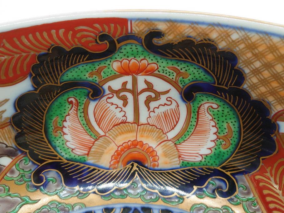 明治期　成化年製　伊万里　色絵　約31cm　1尺　色彩が鮮やかで豪華な深鉢(松、梅、鶴、ツル、菊、花、深皿、金彩、和食器、和皿、一尺)(R-079065)