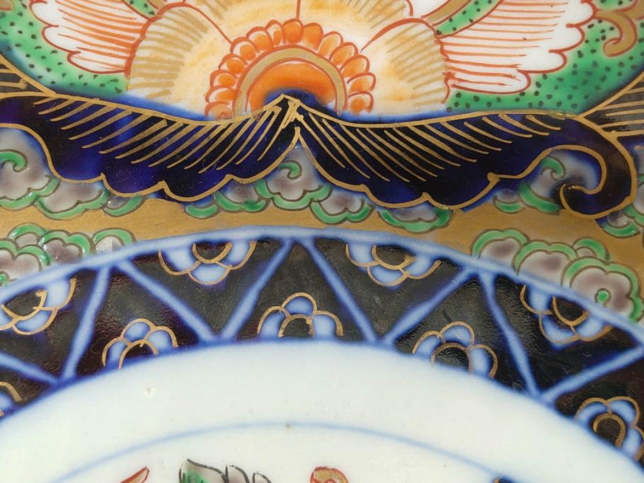 明治期　成化年製　伊万里　色絵　約31cm　1尺　色彩が鮮やかで豪華な深鉢(松、梅、鶴、ツル、菊、花、深皿、金彩、和食器、和皿、一尺)(R-079065)