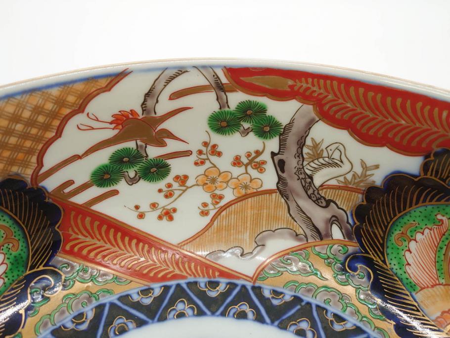 明治期　成化年製　伊万里　色絵　約31cm　1尺　色彩が鮮やかで豪華な深鉢(松、梅、鶴、ツル、菊、花、深皿、金彩、和食器、和皿、一尺)(R-079065)