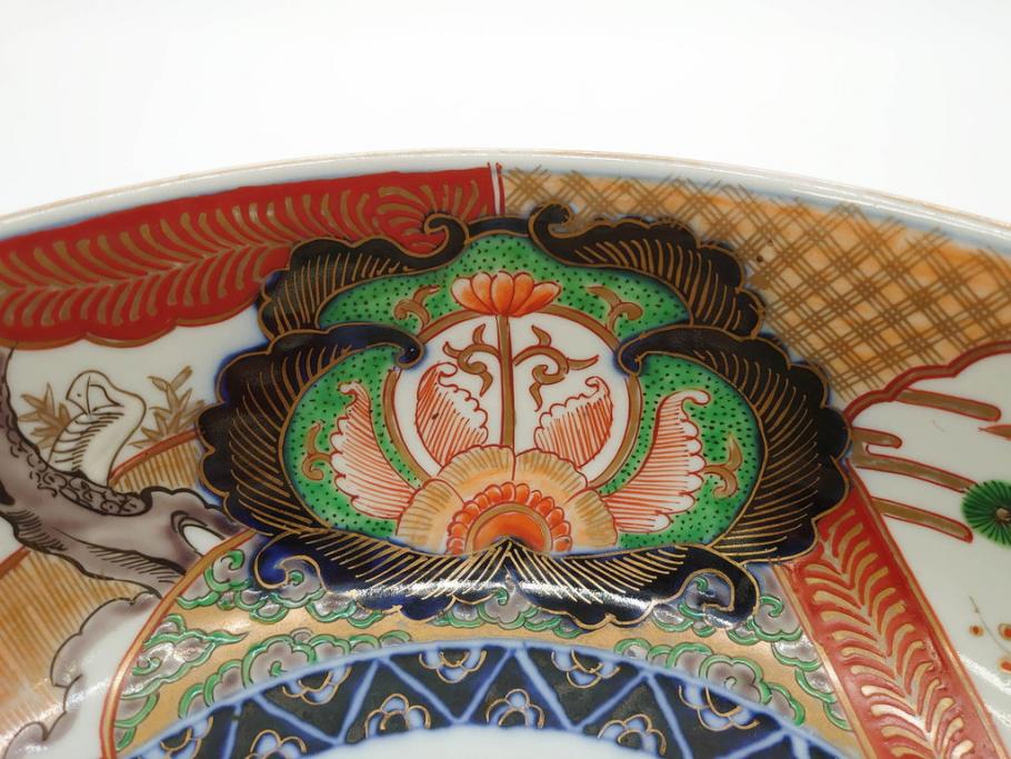 明治期　成化年製　伊万里　色絵　約31cm　1尺　色彩が鮮やかで豪華な深鉢(松、梅、鶴、ツル、菊、花、深皿、金彩、和食器、和皿、一尺)(R-079065)