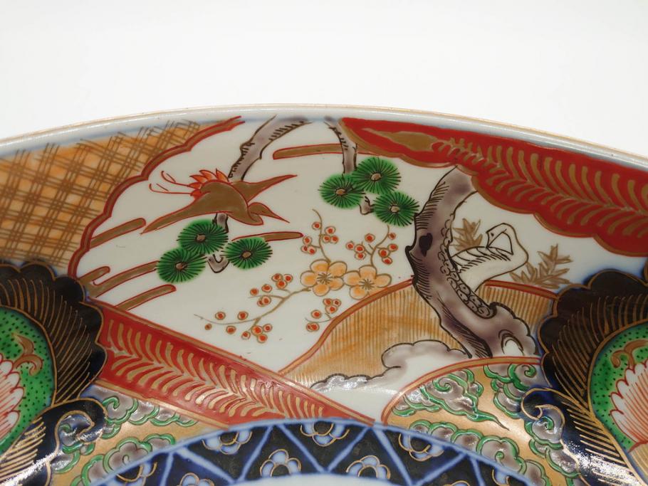 明治期　成化年製　伊万里　色絵　約31cm　1尺　色彩が鮮やかで豪華な深鉢(松、梅、鶴、ツル、菊、花、深皿、金彩、和食器、和皿、一尺)(R-079065)