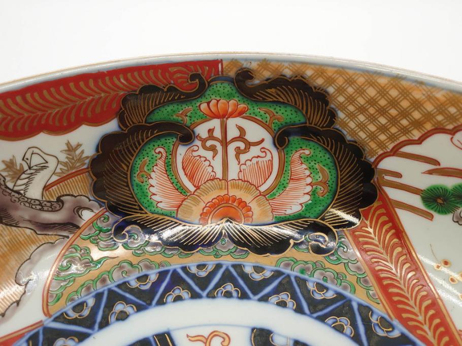 明治期　成化年製　伊万里　色絵　約31cm　1尺　色彩が鮮やかで豪華な深鉢(松、梅、鶴、ツル、菊、花、深皿、金彩、和食器、和皿、一尺)(R-079065)