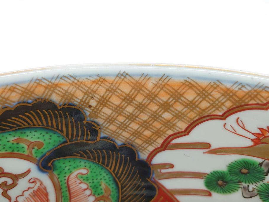 明治期　成化年製　伊万里　色絵　約31cm　1尺　色彩が鮮やかで豪華な深鉢(松、梅、鶴、ツル、菊、花、深皿、金彩、和食器、和皿、一尺)(R-079065)