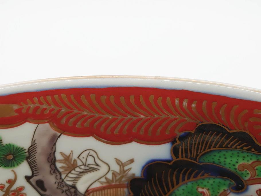 明治期　成化年製　伊万里　色絵　約31cm　1尺　色彩が鮮やかで豪華な深鉢(松、梅、鶴、ツル、菊、花、深皿、金彩、和食器、和皿、一尺)(R-079065)
