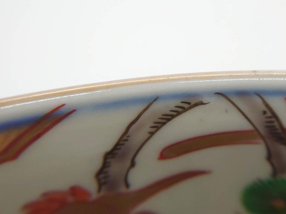 明治期　成化年製　伊万里　色絵　約31cm　1尺　色彩が鮮やかで豪華な深鉢(松、梅、鶴、ツル、菊、花、深皿、金彩、和食器、和皿、一尺)(R-079065)